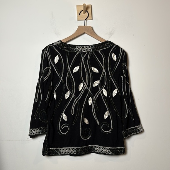 Lauren Michelle Black and Silver 3/4 Sleeve Embroidered Appliqué Blouse size XL - Picture 5 of 8